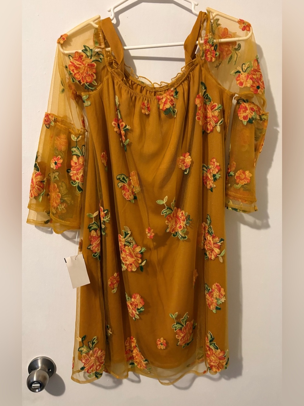 Lou & Grey Mustard Floral Midi Dress with Embroidered Appliqués